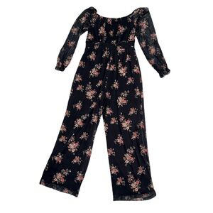 The Pink Hearts Girls Black Floral Long Sleeve Off-Shoulder Jumpsuit Size M
